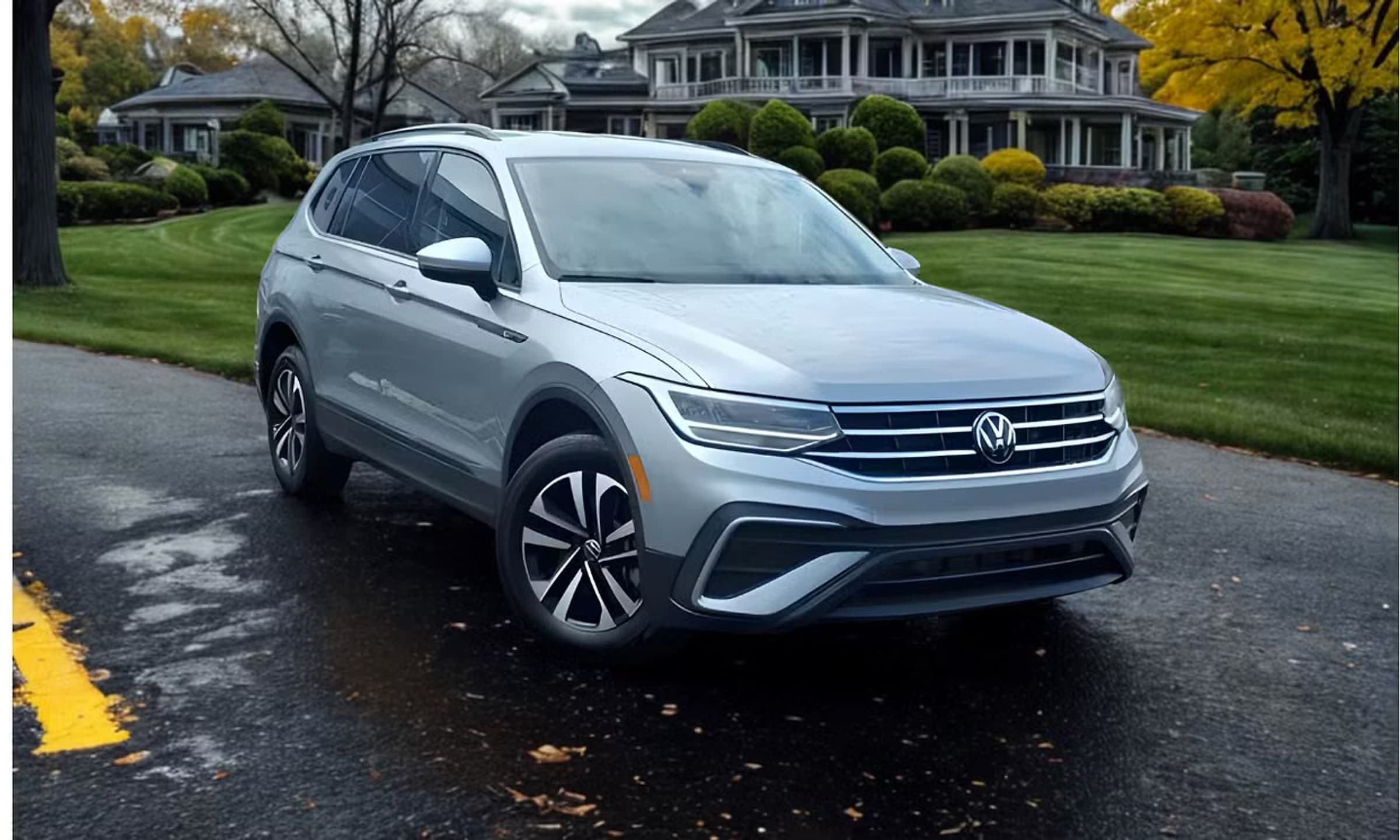 Rentalp's 2024 Volkswagen Tiguan in silver, parked on a leafy neighborhood street